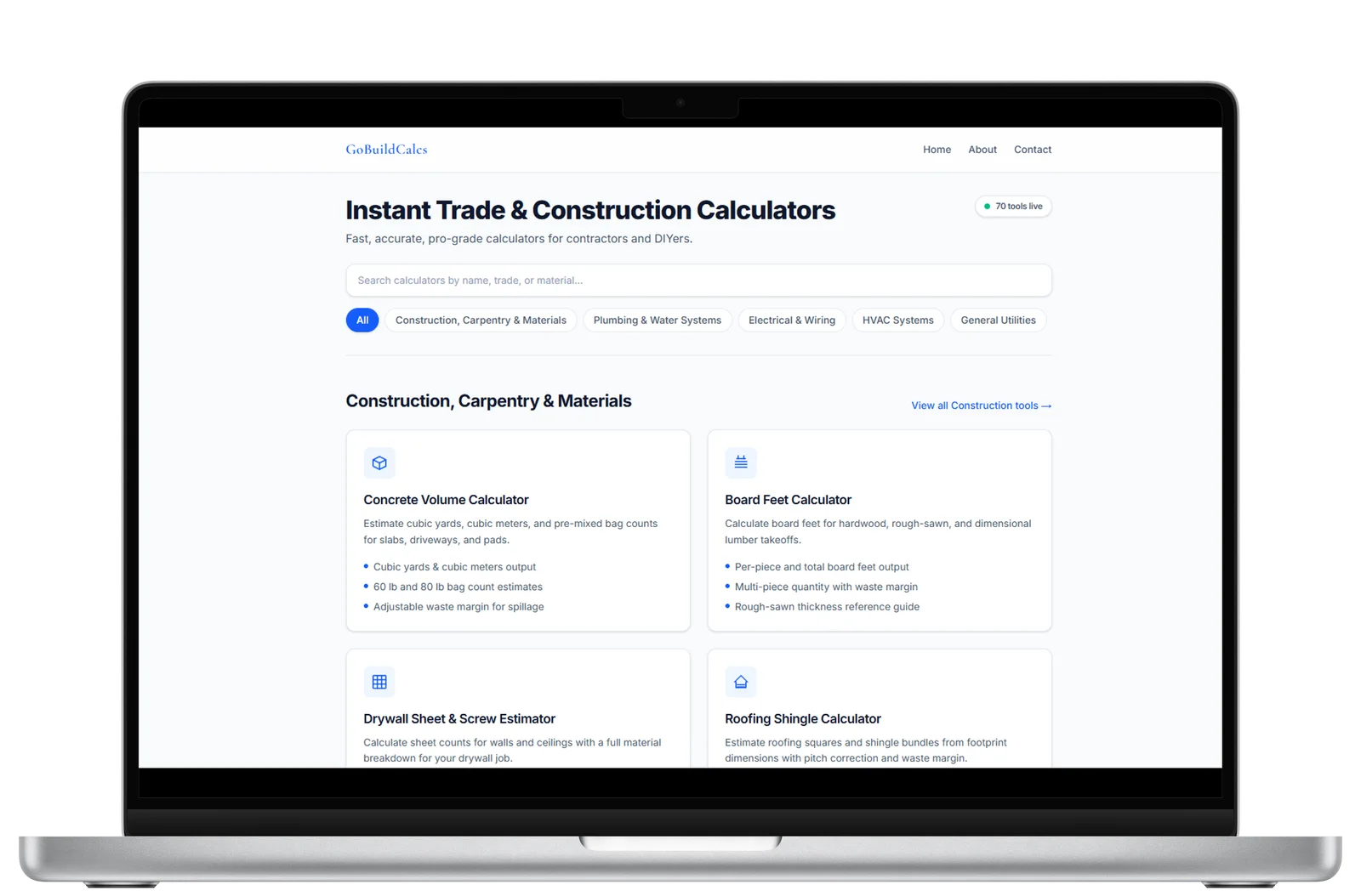 GoBuildCalcs construction estimation calculator site with 70 live tools