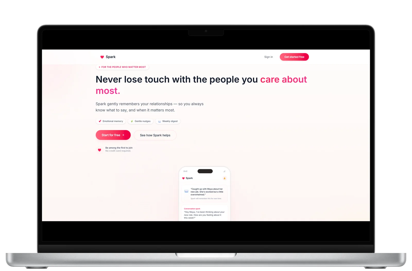 Spark relationship-maintenance app landing page