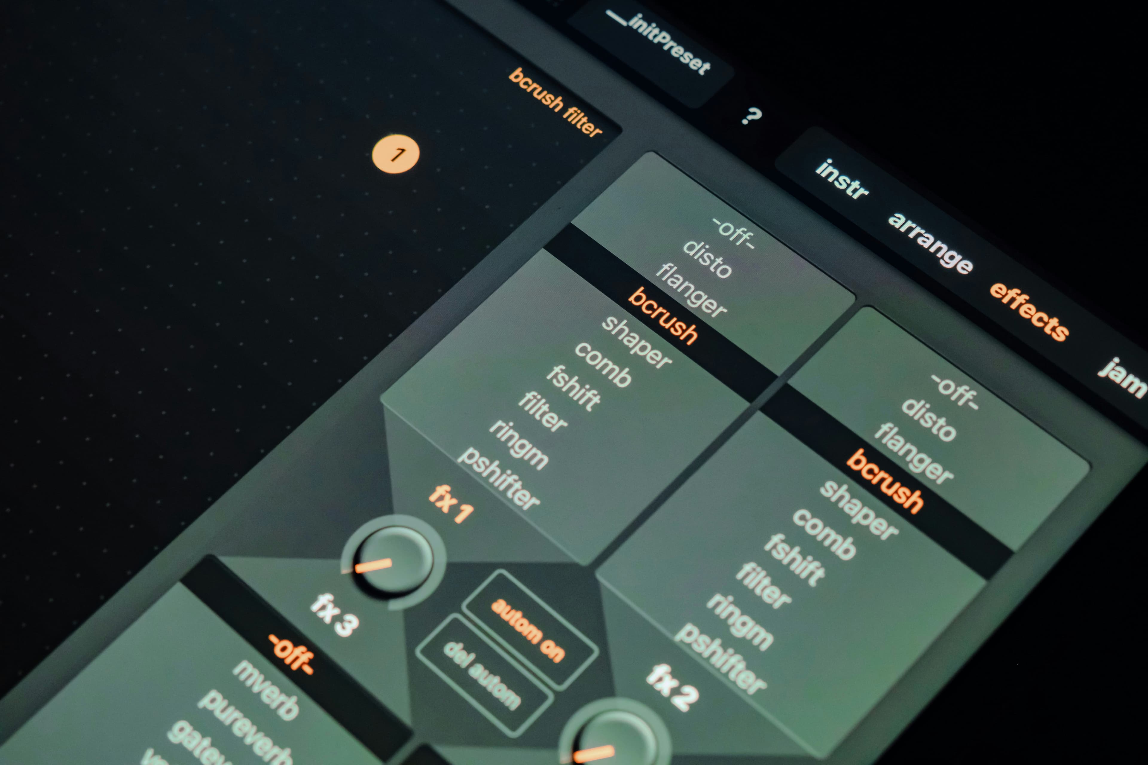 Dark console interface with copper accents