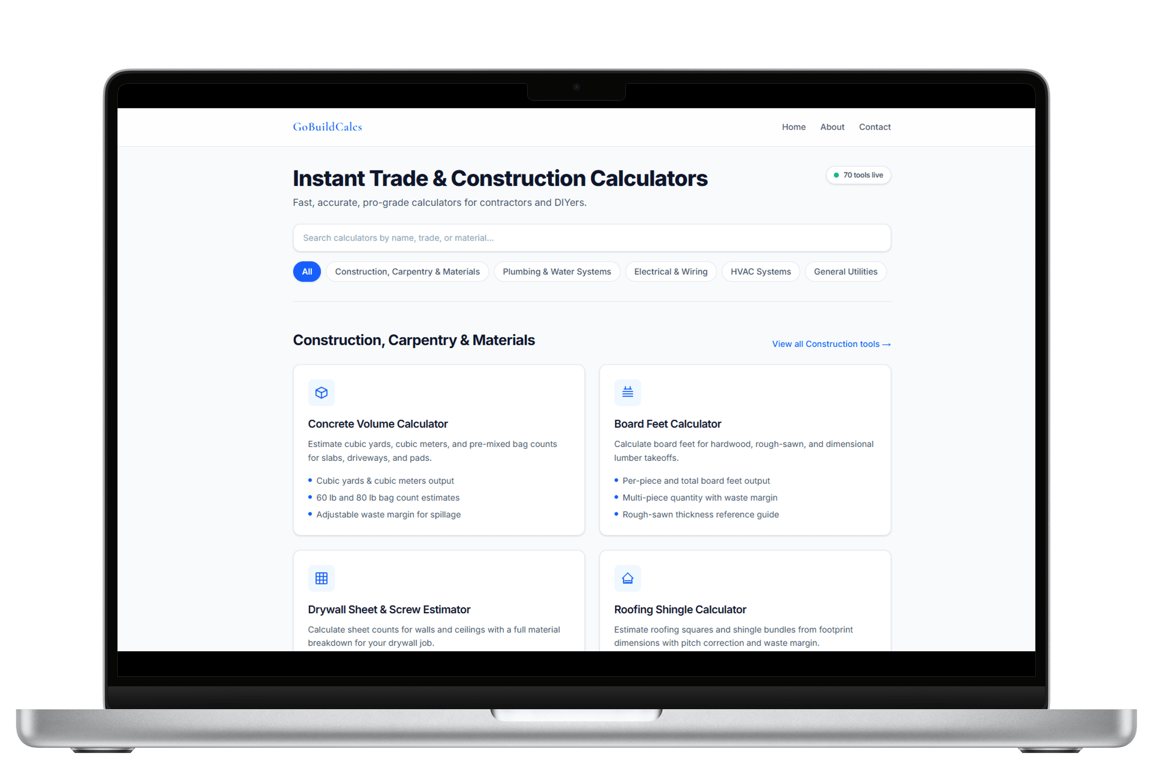 GoBuildCalcs website displayed on MacBook mockup.