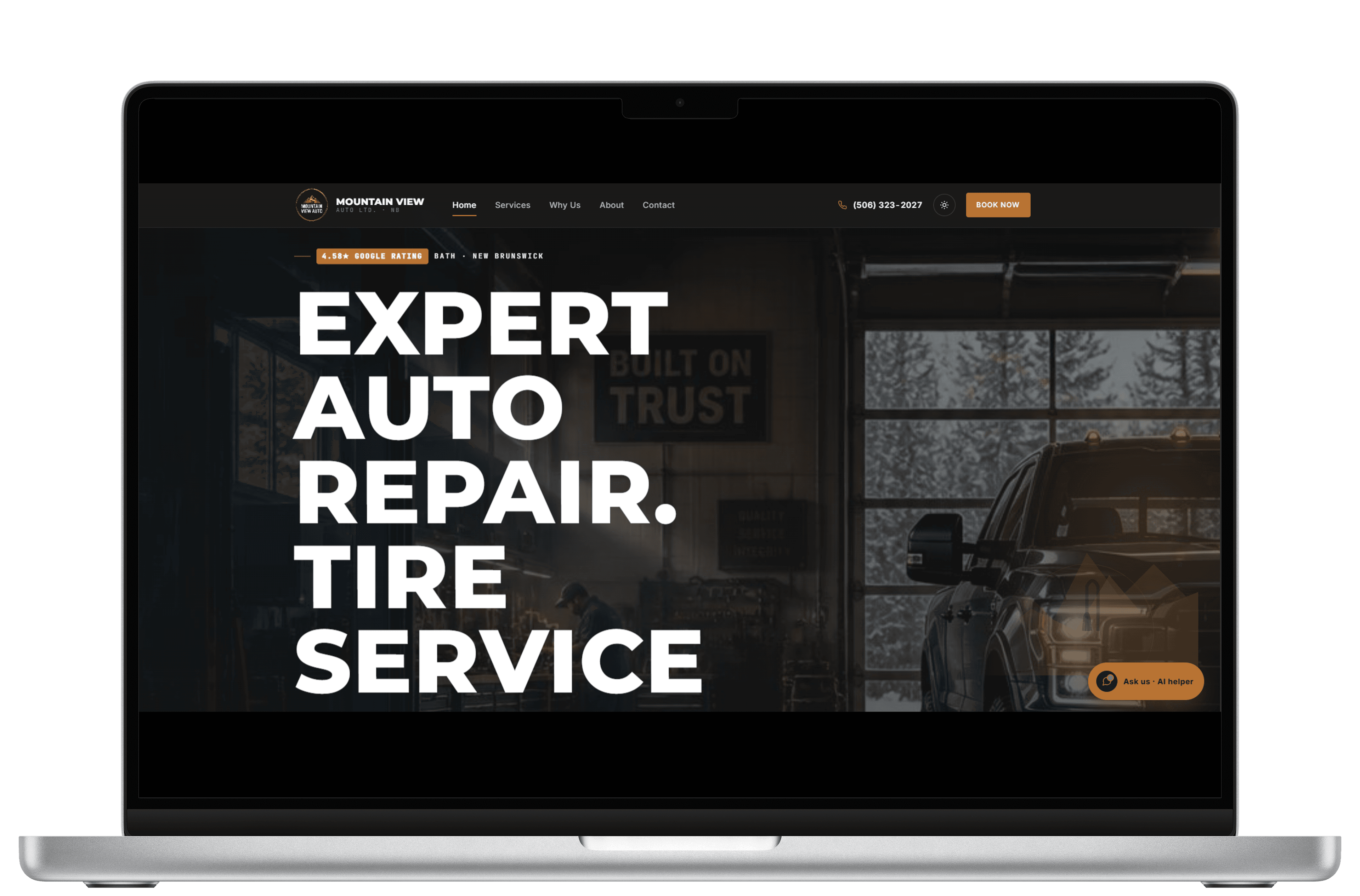 Mountain View Auto website displayed on MacBook mockup.